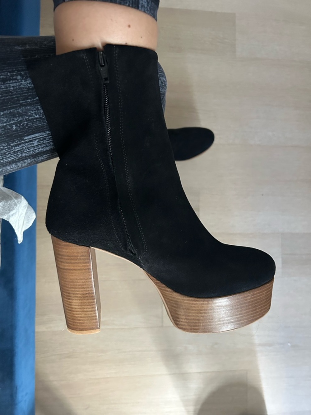 Black Suede Platform Ankle Boots with Wood-Look Heel - Brand